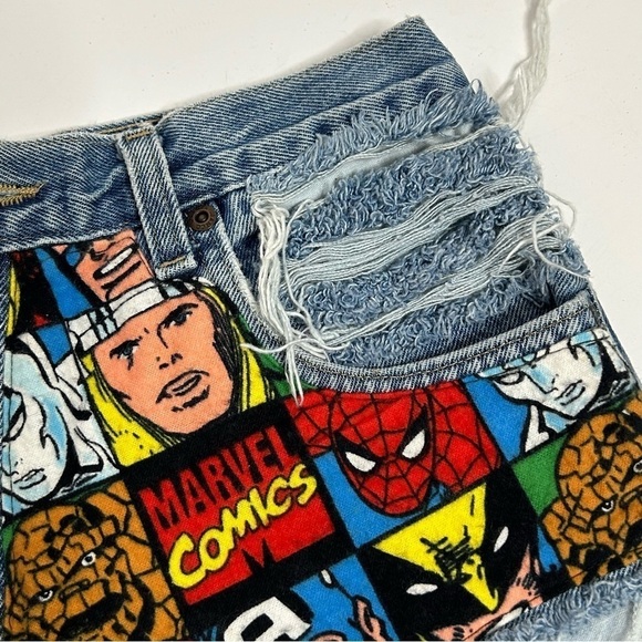 Coal N Terry Marvel Comic Print Frayed Hem Denim Shorts NWT - Picture 5 of 13